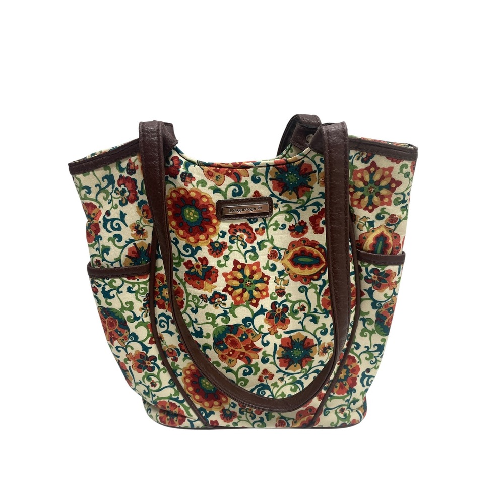 Longaberger Tote Bag Womens Medium Multicolor Floral Tapestry Brown Faux Leather